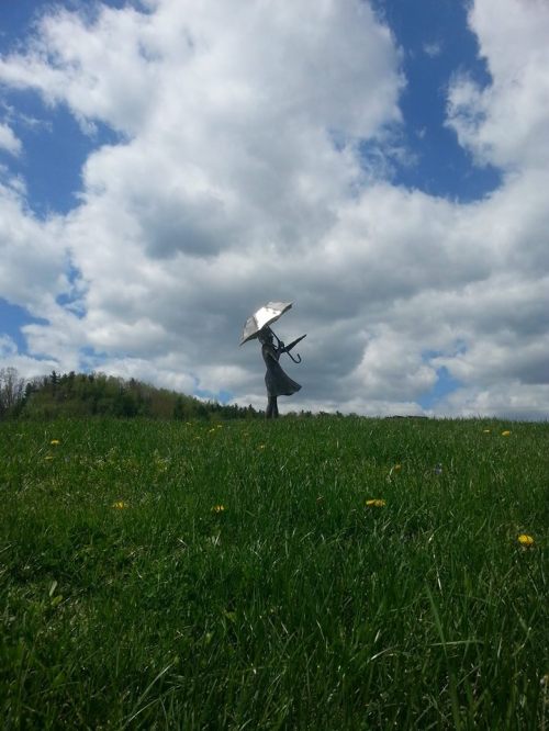 A silhouette of a person holding an umbrella stands on a grassy hill under a cloudy sky.