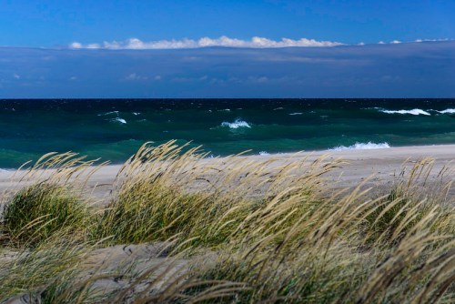 Waves gently roll onto a sandy beach, framed by tall grass under a blue sky with scattered clouds.
