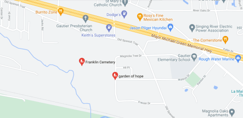 Map showing locations of Franklin Cemetery, Garden of Hope, and nearby landmarks in Gautier, Mississippi.