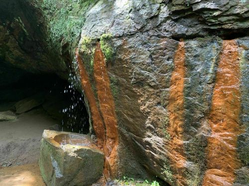 A rocky cave wall with orange streaks and water dripping down, surrounded by natural greenery.