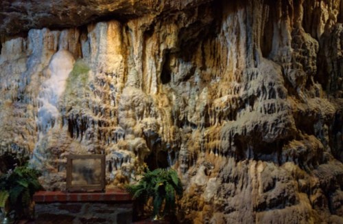 A textured cave wall with stalactites and stalagmites, featuring a small framed picture and ferns in the foreground.