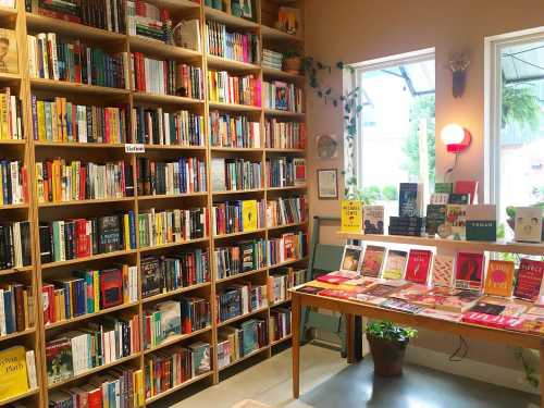 A cozy bookstore with shelves filled with colorful books and a display table featuring various titles.