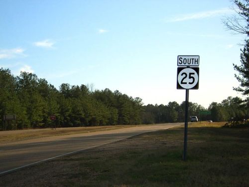 A highway sign indicating "South 25" alongside a rural road with trees in the background under a clear blue sky.