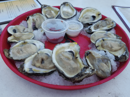 A red platter filled with fresh oysters on ice, accompanied by two dipping sauces.