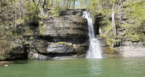 A serene waterfall cascading over rocky cliffs into a calm green pool, surrounded by lush trees and bright blue sky.