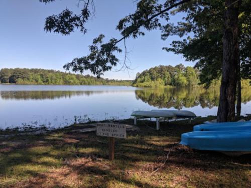 A serene lake view with kayaks on the shore and a sign for boat rentals under a clear blue sky.