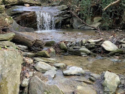 A serene waterfall cascades over rocks into a clear stream, surrounded by lush greenery and natural stone formations.