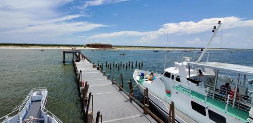 A scenic view of a wooden pier extending into the water, with boats docked and a beach in the background under a blue sky.