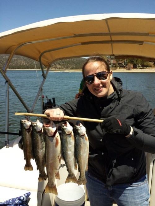 A person wearing sunglasses holds a stick with five fish while standing on a boat by the water on a sunny day.