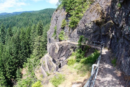 A scenic view of a rocky cliffside trail surrounded by lush green trees and distant mountains under a clear blue sky.
