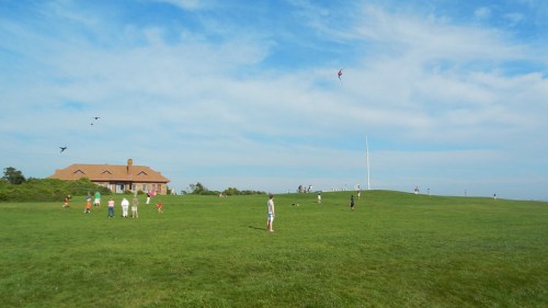 A grassy field with people playing and flying kites, a house in the background under a blue sky with clouds.