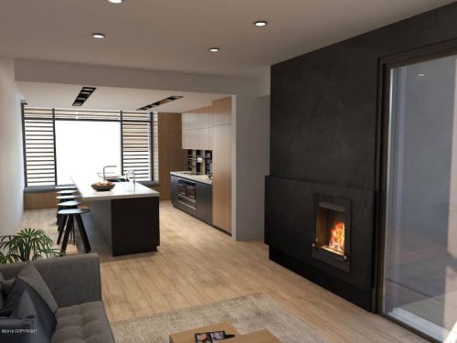 Modern living room with a sleek kitchen, wooden floors, and a cozy fireplace. Bright, open space with stylish decor.