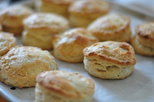 A tray of freshly baked golden-brown biscuits, some flaky and layered, arranged neatly.