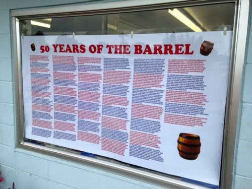 A poster titled "50 Years of the Barrel" with text and images of barrels displayed in a window.