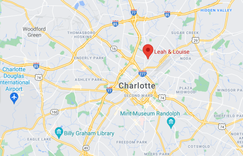 Map of Charlotte, North Carolina, highlighting the location of Leah & Louise restaurant.