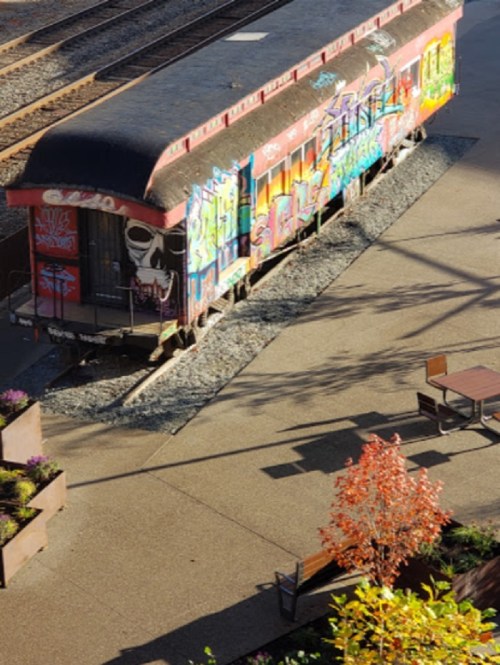 A colorful graffiti-covered train car sits on tracks beside a paved area with plants and outdoor seating.