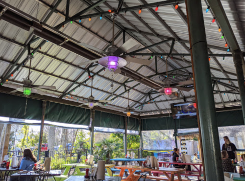 A vibrant outdoor dining area with colorful lights, fans, and patrons enjoying their meals at picnic tables.