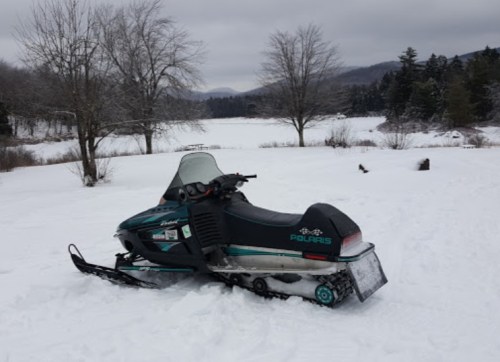A snowmobile parked on a snowy landscape with trees and a lake in the background under a cloudy sky.