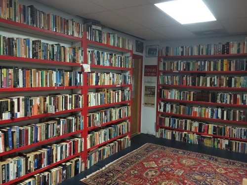 A cozy room filled with bookshelves lined with various books, featuring a patterned rug on the floor.