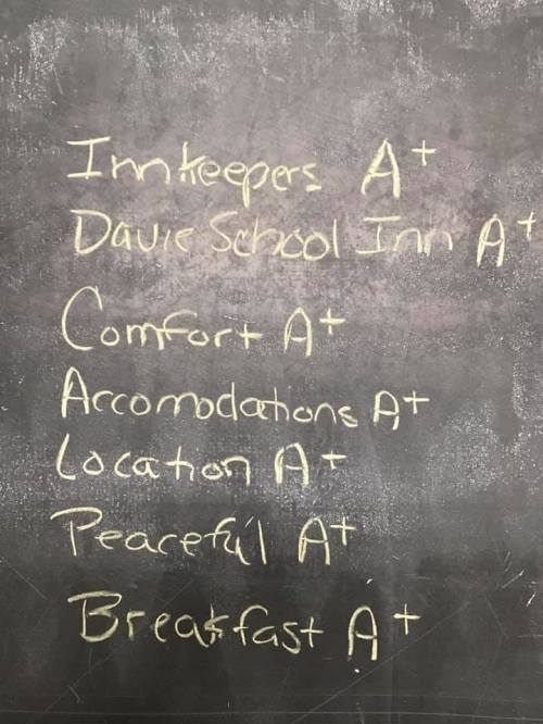 Chalkboard listing grades for various categories: Innkeepers, Comfort, Accommodations, Location, Peaceful, Breakfast, all A+.