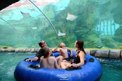 A family enjoys a water attraction, watching rays swim overhead in a clear, underwater tunnel at Aquatica.