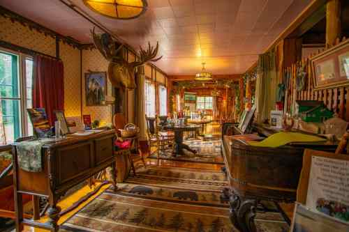 Cozy interior of a rustic lodge, featuring wooden furniture, decorative rugs, and warm lighting.