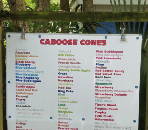 Menu board for "Caboose Cones" featuring various flavors of ice cream and toppings.