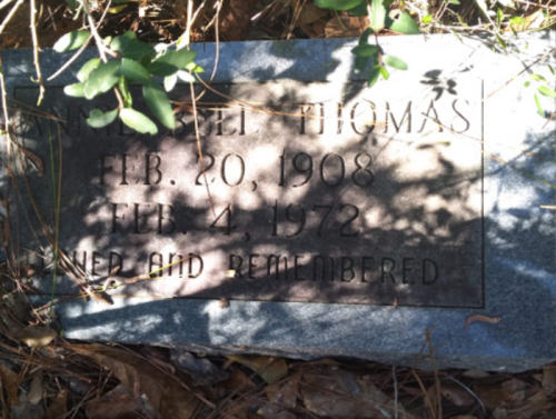 A gravestone with the name "Jewel Thomas," dates February 20, 1908, to February 4, 1972, and the phrase "Loved and Remembered."
