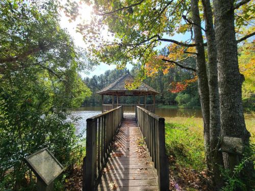 A wooden walkway leads to a gazebo by a serene lake, surrounded by trees with autumn foliage.