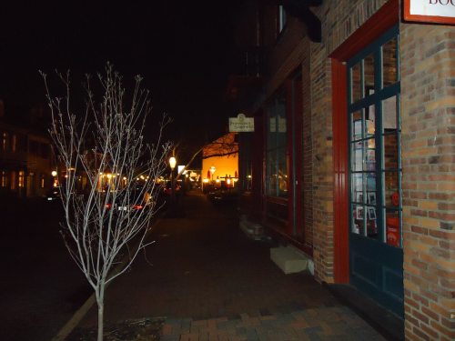 A quiet street at night, featuring a bare tree and brick buildings with warm lights in the background.