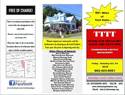 Flyer for a yard sale event in Tishomingo County, featuring details on sales, local attractions, and contact information.