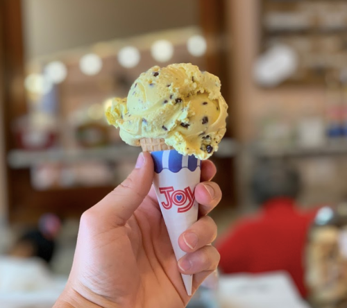 A hand holding a cone of mint chocolate chip ice cream, with a blurred background of a shop.