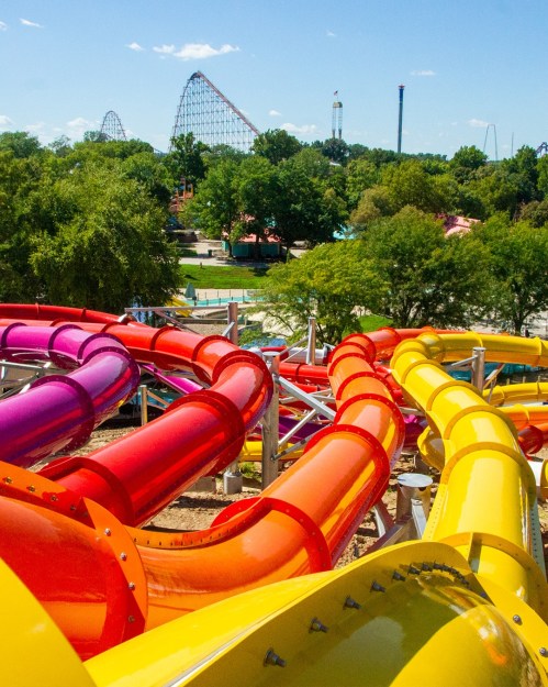 Colorful water slides twist and turn against a backdrop of trees and amusement park rides under a clear blue sky.