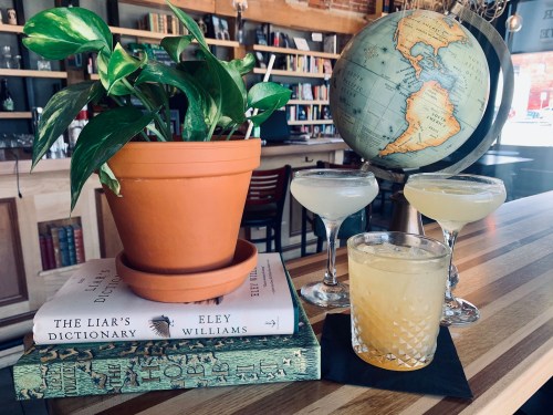 A cozy bar scene featuring a potted plant, stacked books, and two cocktails beside a globe on a wooden table.