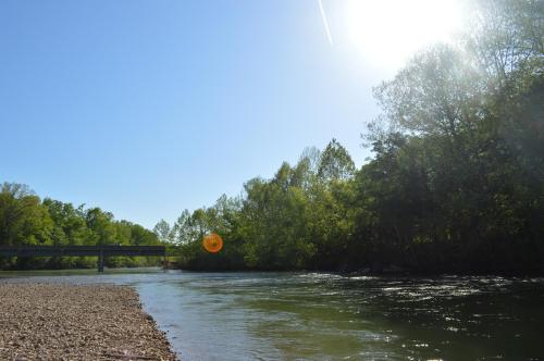 A serene river scene with trees lining the banks and a bridge in the background under a clear blue sky.