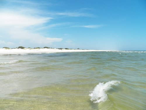 A serene beach scene with gentle waves lapping at the shore under a clear blue sky.