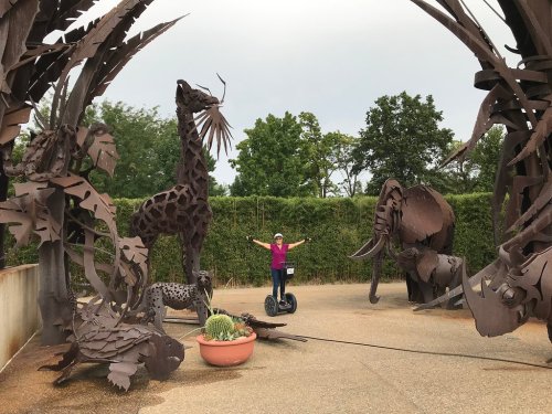 A person on a Segway poses joyfully among large metal animal sculptures in a garden setting.