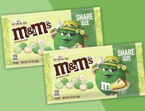 Two packages of Key Lime Pie M&M's in share size, featuring a green M&M character wearing a hat and holding a pie.