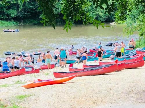 A busy riverbank with people in swimsuits loading and unloading red canoes and kayaks near the water.