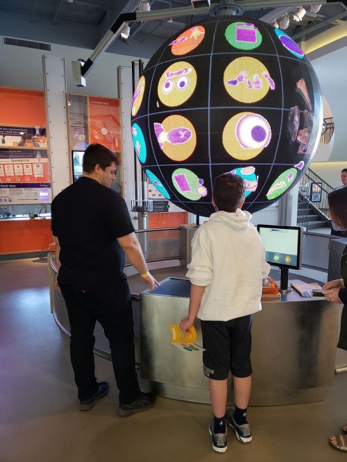 Two people interact with a large, colorful interactive globe display in a museum setting.