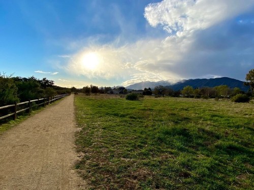 A scenic path through a grassy field, with mountains in the background and a bright sun peeking through clouds.