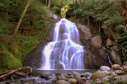 A serene waterfall cascades over rocks into a tranquil pool, surrounded by lush green trees and mossy stones.