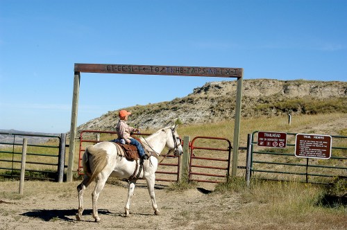A child on a white horse approaches a trailhead sign in a rural landscape under a clear blue sky.