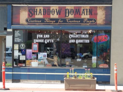 Storefront of "Shadow Domain, LLC" featuring a colorful sign, window displays of gifts, collectibles, and an "Open" sign.