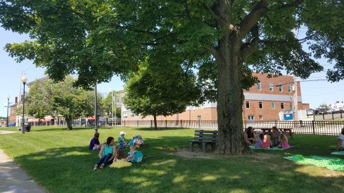 A group of people relaxes on the grass under a large tree, enjoying a sunny day in a park.