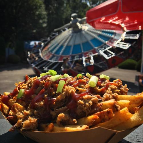 A close-up of loaded fries topped with pulled pork and green onions, with a colorful amusement ride in the background.