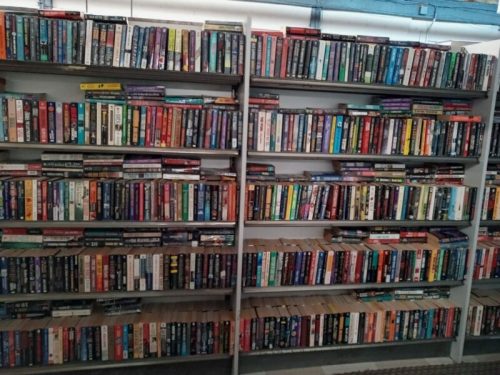 A large bookshelf filled with numerous rows of colorful books in various genres.