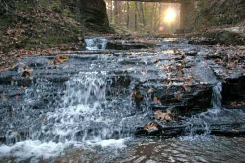 A serene waterfall cascades over rocky terrain, surrounded by autumn leaves and a soft sunset glow in the background.