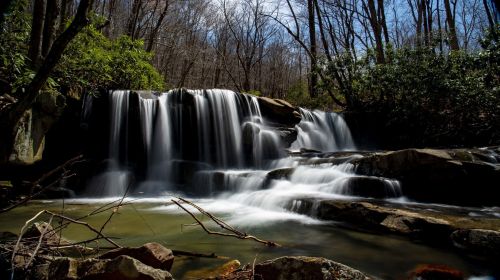 A serene waterfall cascades over rocks, surrounded by trees and greenery under a clear blue sky.