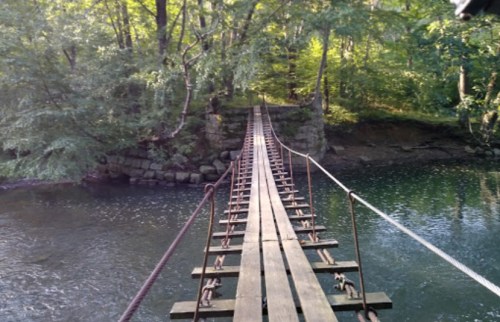 A narrow wooden suspension bridge stretches over a calm river, surrounded by lush green trees.